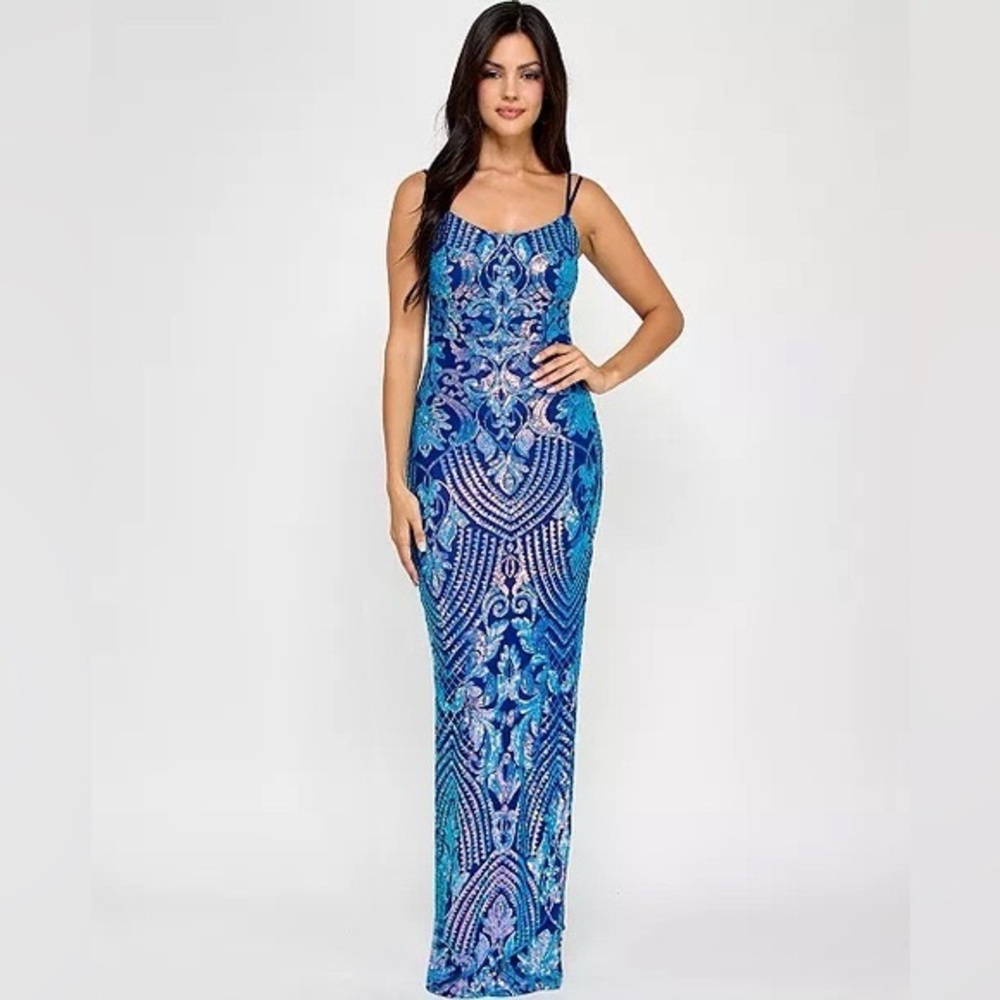 Emerald Sundae Juniors' Sequined Side-slit Gown Royal Aqua Wedding Dress